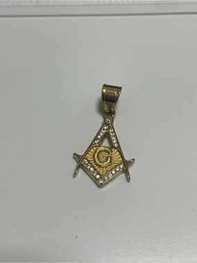Gold Masonic Square & Compass Pendant with Crystal Accents